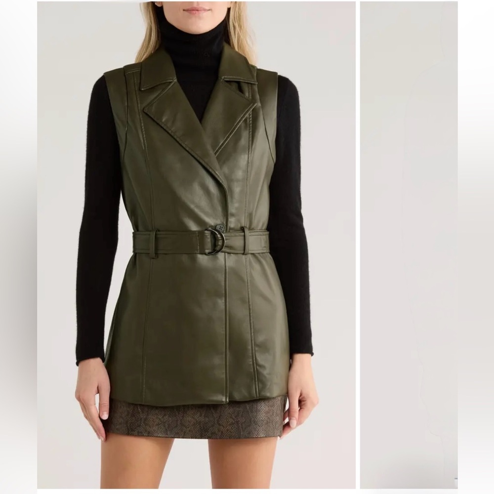 JASON WU Notch Collar Faux Leather Vest Deep Olive Green New with Tags